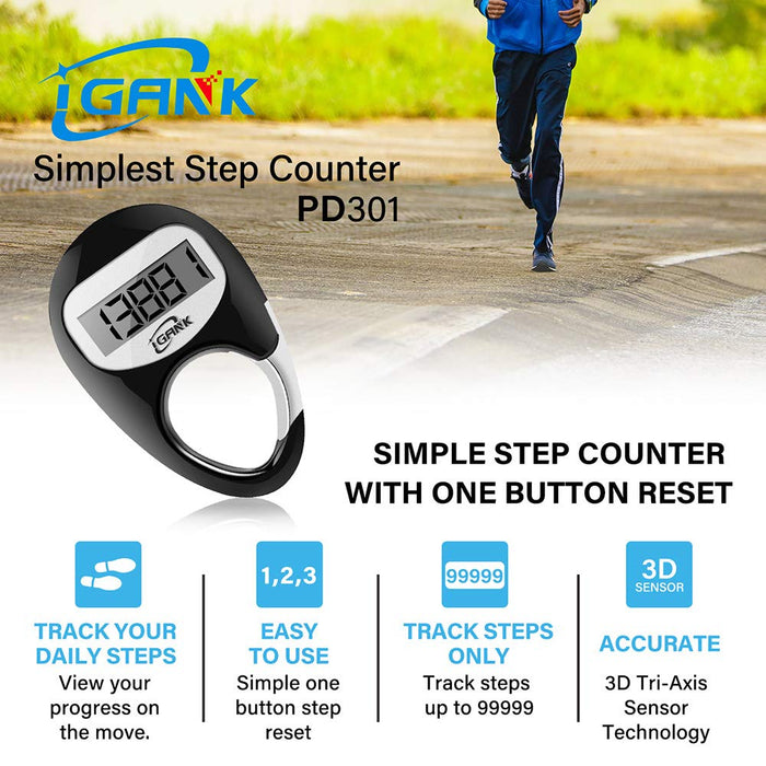 iGANK Simple Walking Pedometer 3D Step Counter for men women kids (Black)