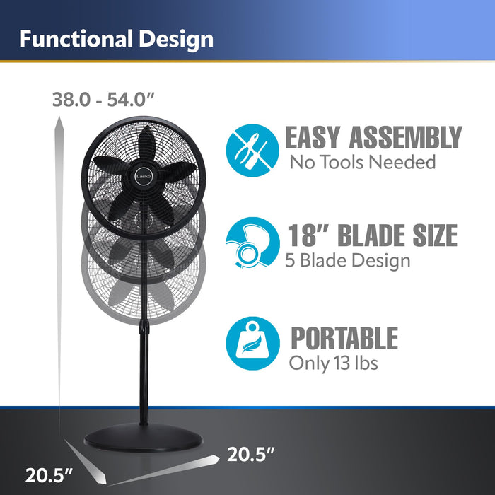 Lasko Oscillating Pedestal Fan, Adjustable Height, 3 Speeds, for Bedroom, Living Room, Home Office and College Dorm Room, 18", Black, 1827