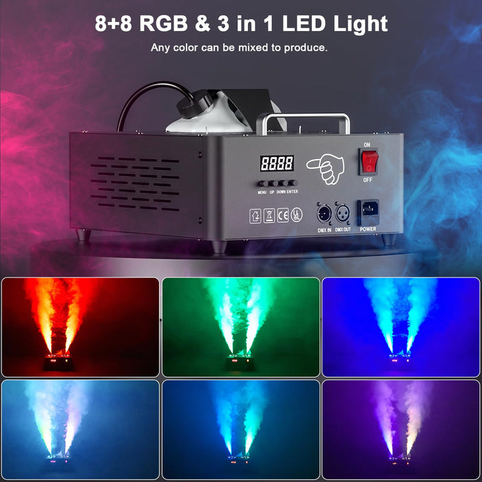 Fog Machine with Lights, 2000W 30000CFM Vertical Smoke Machine 16 Colorful LED Lights, DMX & Manual Control & Wireless Remote, Smoke Machine for Party Halloween Christmas DJ Disco Outdoors (1 Pcs)