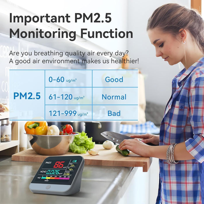 Indoor Air Quality Monitor for PM2.5, PM10, PM1, TVOC, HCHO, Formaldehyde, Humidity, Temperature Multifunctional Air Quality Tester for Home, School, Office, Agricultural Planting Grey