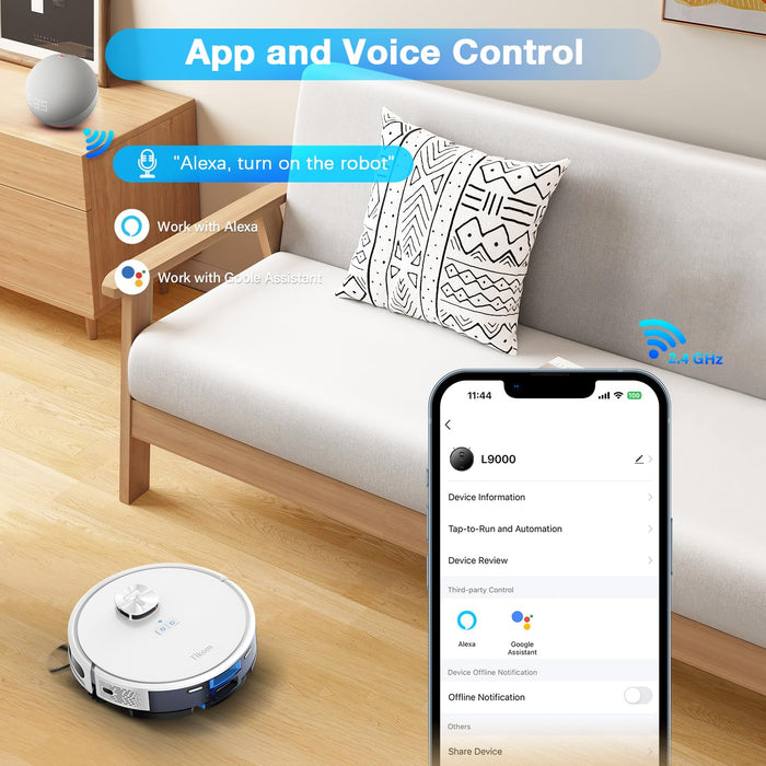 Tikom Robot Vacuum and Mop Combo, LiDAR Navigation, L9000 Robotic Vacuum Cleaner, 4000Pa Suction, 150Mins Max, Smart Mapping, 14 No-go Zones, Good for Pet Hair, Carpet, Hard Floor, White