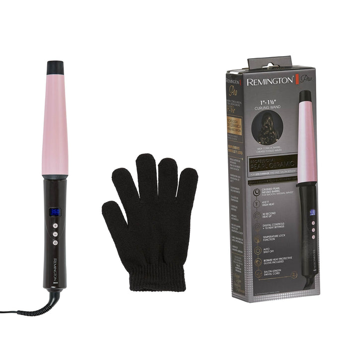 Remington CI9538 Pro 1"-1.5" Pearl Ceramic Conical Curling Wand, Digital Controls + 10 Heat Settings, Black/Pink