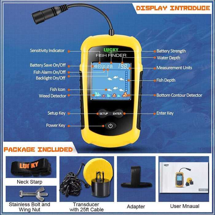 LUCKY Kayak Portable Fish Depth Finder Water Handheld Fish Finder Sonar Castable Kayak Boat Fishfinder Transducer Fishing LCD Display FFC1108