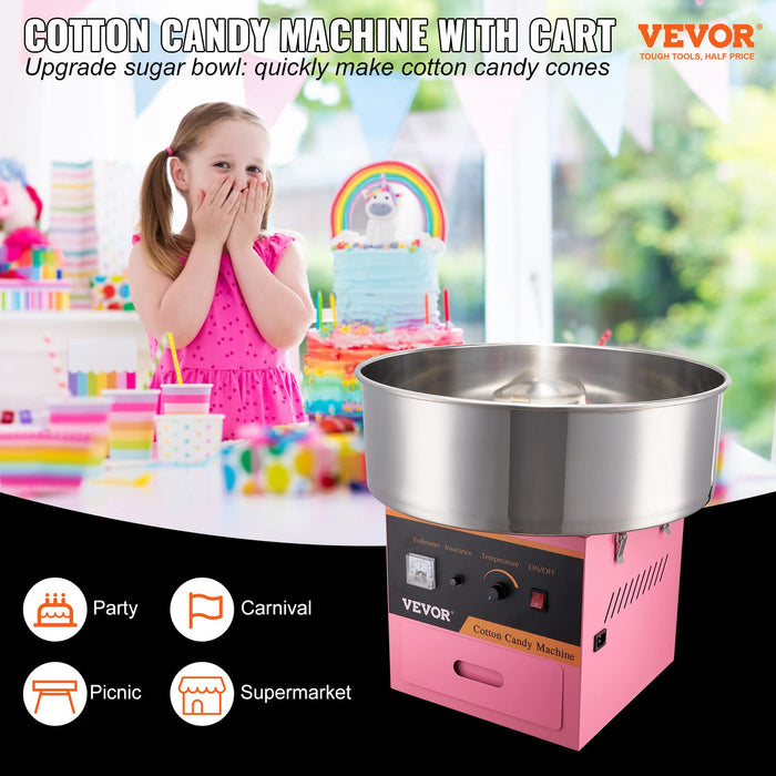 VEVOR Electric Cotton Candy Machine, 1000W Commercial Floss Maker w/Stainless Steel Bowl, Sugar Scoop and Drawer, Perfect for Home, Carnival, Kids Birthday, Family Party, Pink