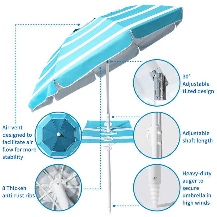 Beach Umbrella - Beach Umbrella for Sand Wind Portable with Tilt Pole, 6.56 FT Arc Length 5.9 FT Diameter, Heavy Duty Wind Resistant Striped Large Umbrellas, UV 50+ Parasol with Anchor Screw Adjustable Height and Foldable Table Board