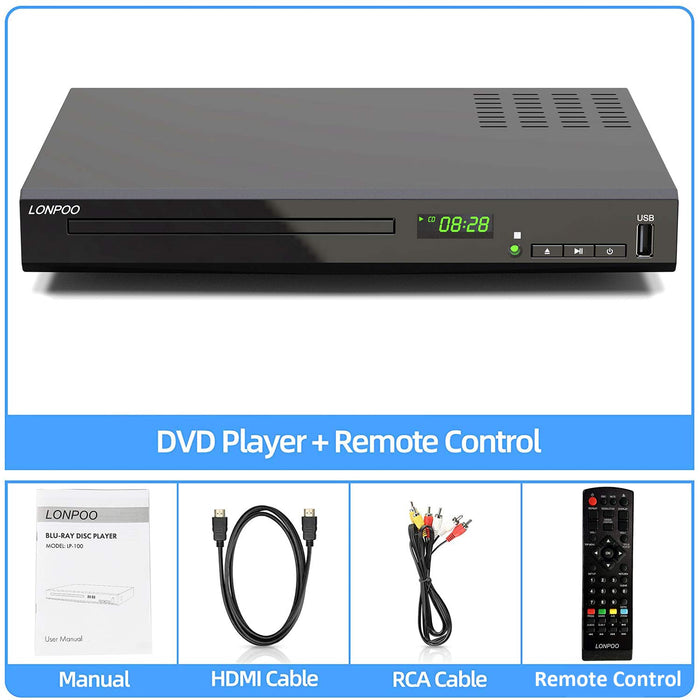 HD Blu-Ray Disc Player for TV with HDMI and AV Cables, 1080P, Built-in PAL NTSC, Coaxial Output, USB Input