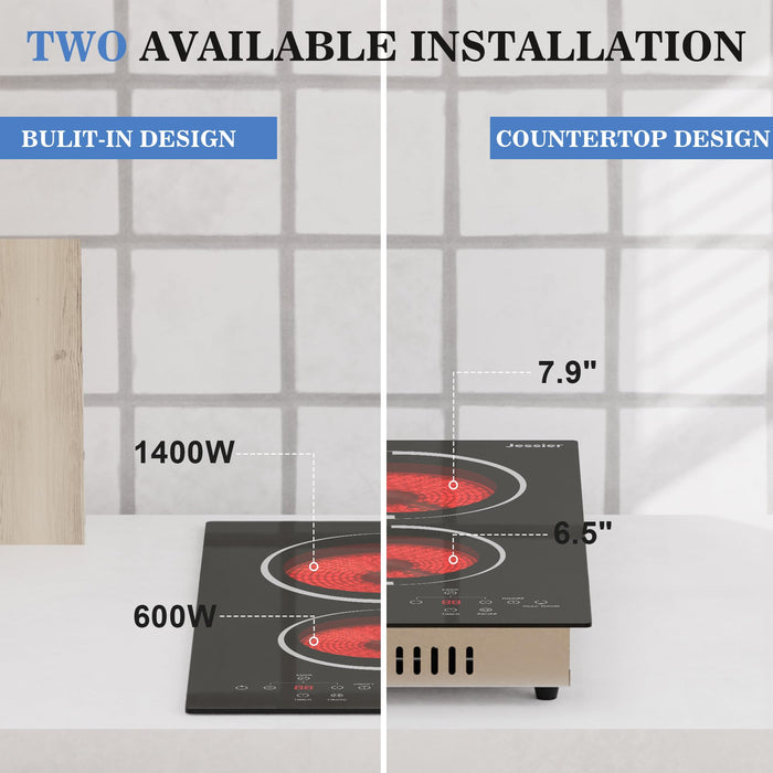 Jessier 12 Inch Electric Cooktop - 2 Burner Countertop & Built-in Electric Stove Top, 120V Plug in Electric Cook Top, Timer, Safety Lock, Over-Temperature Protection, Sensor Touch Control