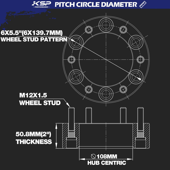 KSP 2in 6x5.5 Tacoma Wheel Spacers, 6x139.7 Tire Spacer fit for Toyota Tundra 4Runner FJ Land Cruiser Sequoia, 50mm Forged Lug Centric Spacer 108mm Hub Bore with M12x1.5 Thread Pitch, Not Hubcentric