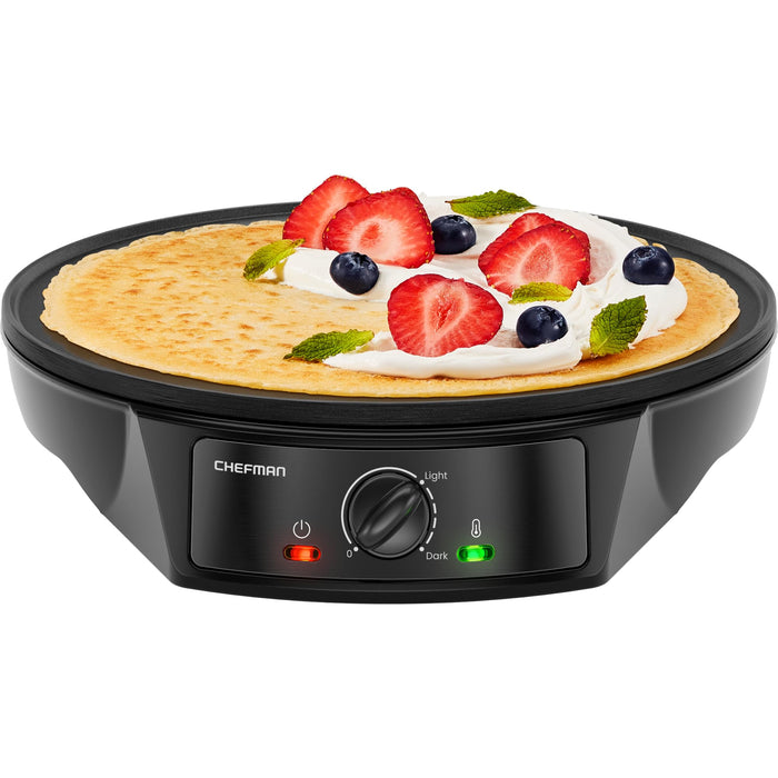 CHEFMAN Electric Crepe Maker: Precise Temp Control, 12" Non-Stick Griddle, Perfect for Crepes, Tortillas, Blintzes, Pancakes, Waffles, Eggs, Bacon, Batter Spreader & Spatula Included, Black