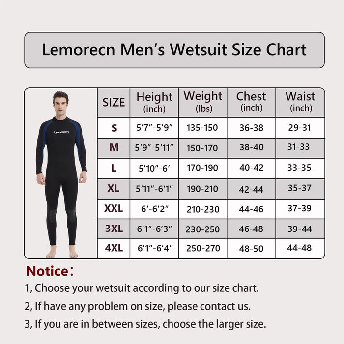 Lemorecn Wetsuits Jumpsuit Neoprene 3/2mm Full Body Diving Suit(3031,L)