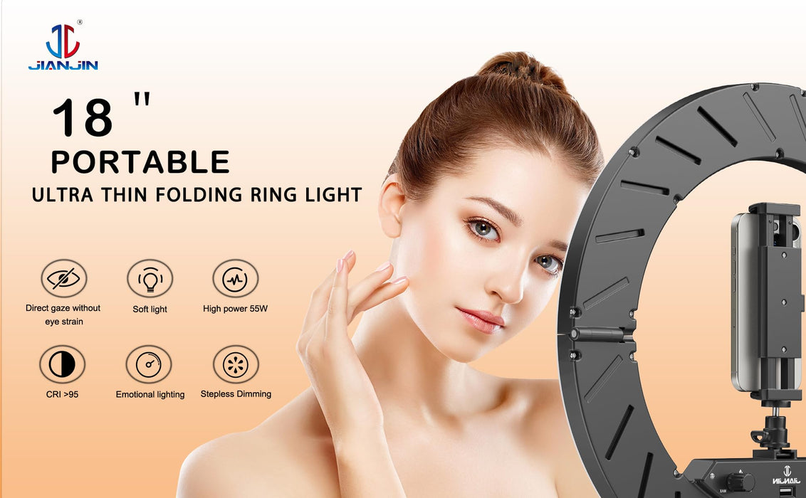 JJ JIANJIN Ring Light Kit:18"/45cm Outer 55W6700k Dimmable LED Light, Tripod Stand, Remote Controller,Box for Camera,Smartphone,YouTube,TikTok,Self-Portrait Shooting,CRI90,Black