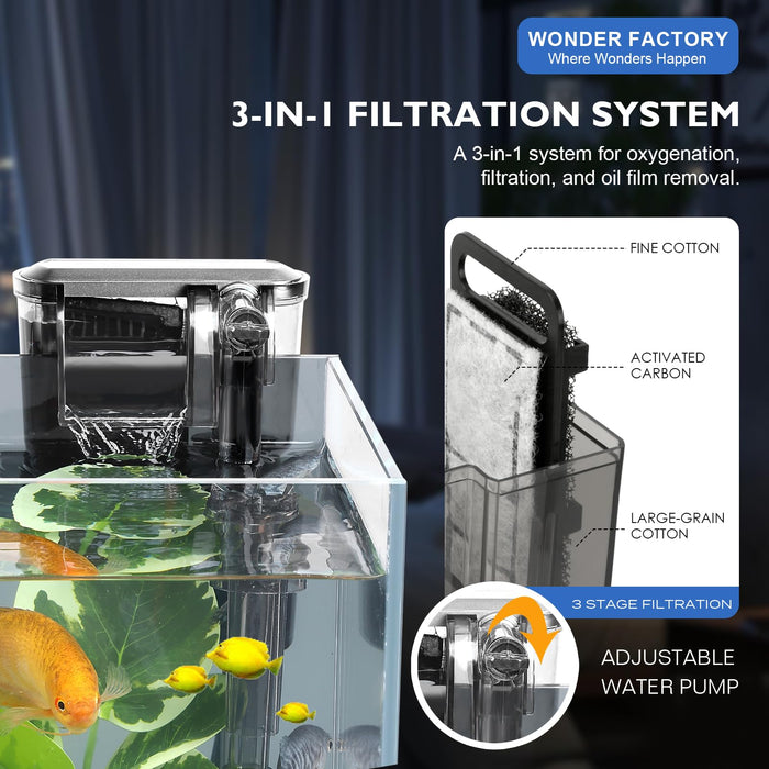 Wonderfactory 1.5 Gallon Aquarium Fish Tank with HOB Filter and Light, Self Cleaning Betta Fish Tank, Complete Desktop Aquarium Starter Kit, Small Fish Tank for Beginners and Aquarium Hobbyists