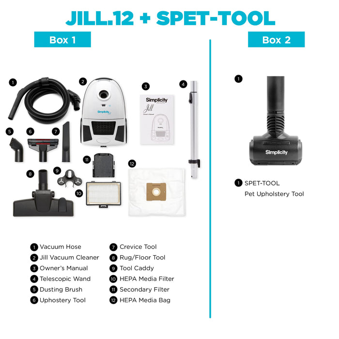 Simplicity Vacuums Jill Compact Canister Vacuum Cleaner with Pet Tool Fur Remover, Bagged Vacuum with Certified HEPA Filtration for Hard Floors and Rugs, Stair Vacuum