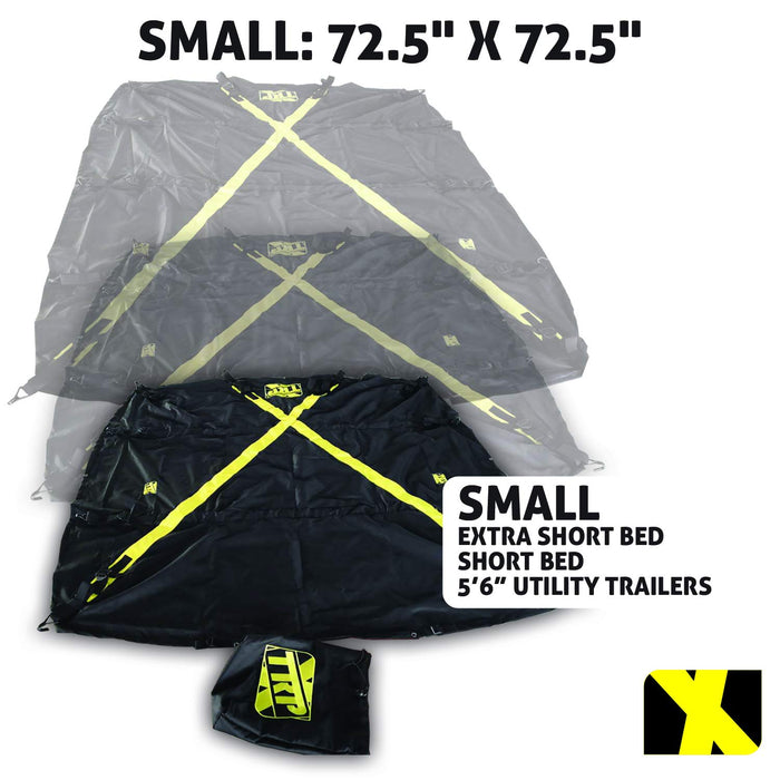 The X-Cover by TRPx - Trailer and Truck Bed Cover Small – Integrated Heavy Duty Black Tarp and Tie Down System. Fits: Extra Short Bed, Short Bed and Utility Trailers up to 5'6"