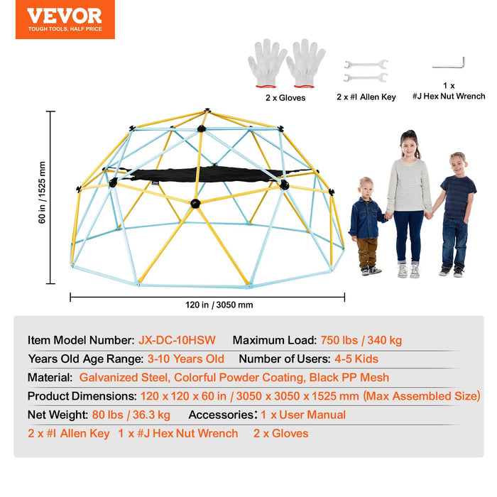 VEVOR Climbing Dome, 10FT Geometric Dome Climber with Hammock and Swing, Jungle Gym Supports 750LBS and Easy Assembly for Kids 3 to 10 Years Old, with Climbing Grip, Outdoor Backyard Play Equipment