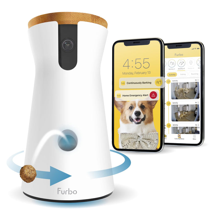 Furbo 360° Dog Camera + Dog Nanny w/Smart Alerts (Paid App Subscription Required): Home Emergency & Dog Safety Alerts | 360° Rotating Dog Tracking, Treat Toss, Night Vision, 2-Way Audio, Bark Alert