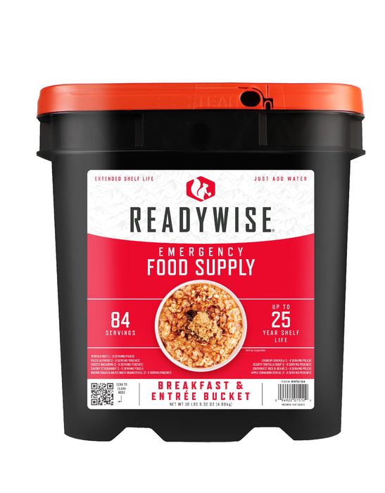 READYWISE 84-Serving Breakfast & Entrée Emergency Food Bucket, Premade Freeze Dried Meals for Camping, Hiking, 25 Year Shelf Life