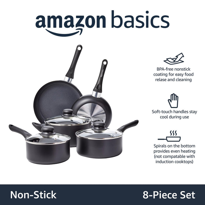 Amazon Basics Non-Stick Cookware 8-Piece Set, Pots and Pans, Black