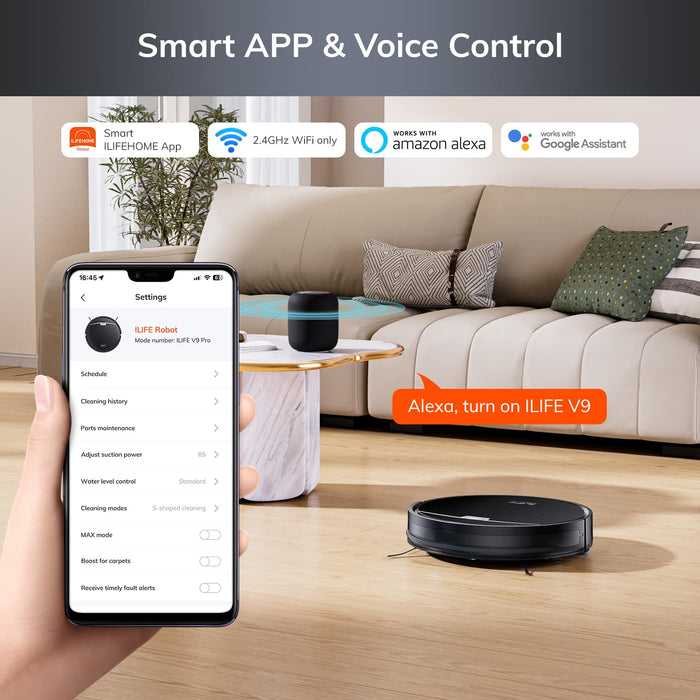 ILIFE V9 Robot Vacuum and Mop Combo, 3000Pa Strong Suction Robot Vacuum Cleaner with Gyro Navigation, App/Alexa Control, for Pet Hair, Hard Floor, Low Carpet, 2.4GHz WiFi Only, Black