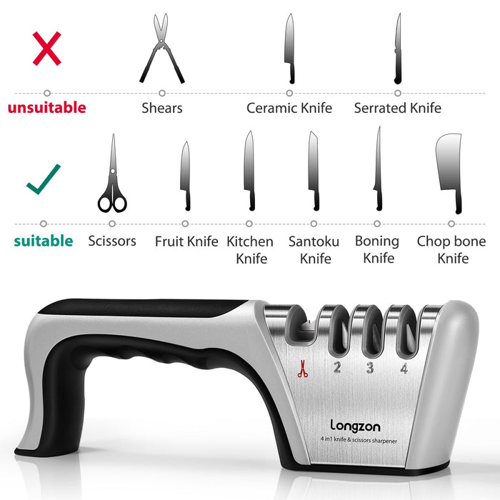 Longzon 4-in-1 Knife Sharpener [4 stage] with a Pair of Cut-Resistant Glove, Original Premium Polish Blades, Best Kitchen Knife Sharpener Really Works for Fruit Knife and Steel Knives, Scissors.