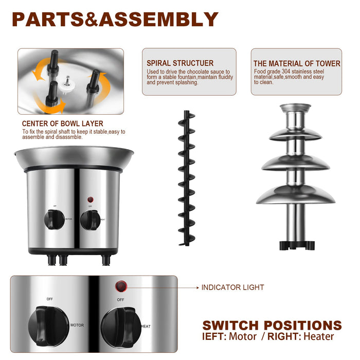 Chocolate Fountain, 4 Tiers Electric Melting Machine Chocolate Fondue Fountain Set with 4pcs Stainless Steel Forks, 4-Pound Capacity for Nacho Cheese, BBQ Sauce, Ranch