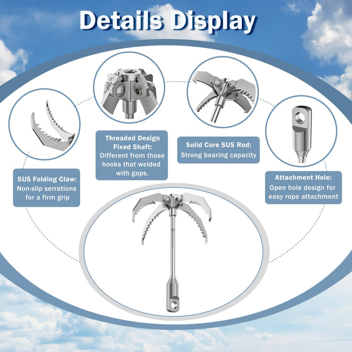 GanFindX PRO Grappling Hook W / 65 FT Rope, Heavy Duty | Folding 4-Claw Survival Claw, Multi-Purpose SUS Sawtooth Hook for Outdoor Camping Hiking Tree Rock Mountain Climbing (Aluminum-Rear Circle)