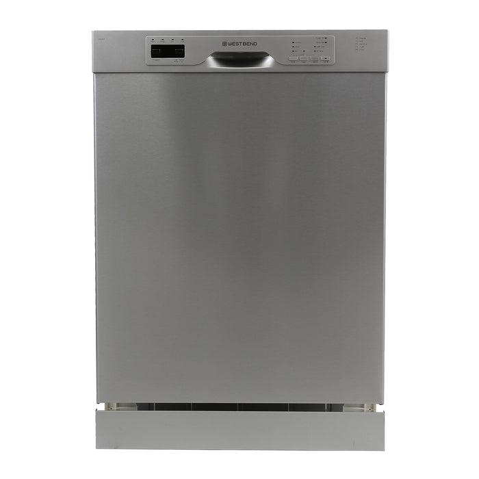 West Bend Dishwasher 24-Inch Built In with 3 Wash Options and Automatic Cycles, Stainless Steel Construction with Electronic Control LED Display, Low Noise Rating, 57 dBA, Metallic