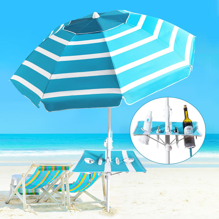 Beach Umbrella - Beach Umbrella for Sand Wind Portable with Tilt Pole, 6.56 FT Arc Length 5.9 FT Diameter, Heavy Duty Wind Resistant Striped Large Umbrellas, UV 50+ Parasol with Anchor Screw Adjustable Height and Foldable Table Board