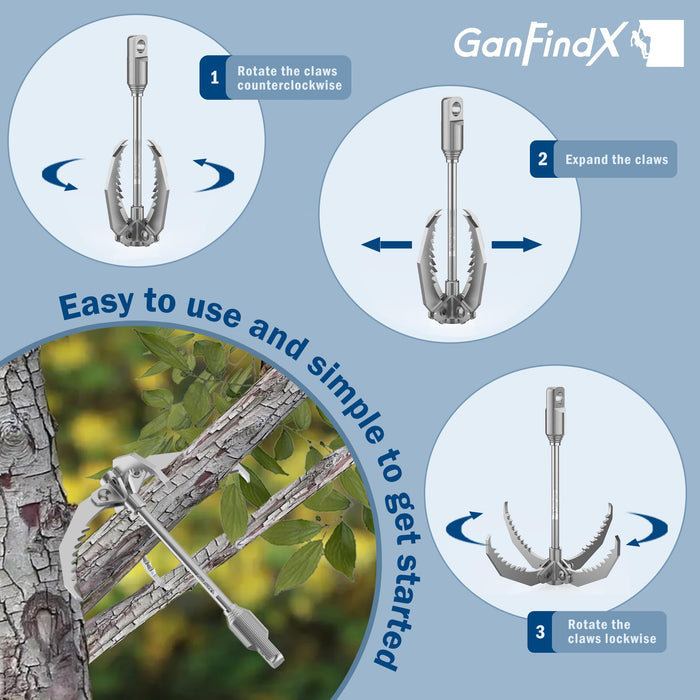 GanFindX PRO Grappling Hook W / 65 FT Rope, Heavy Duty | Folding 4-Claw Survival Claw, Multi-Purpose SUS Sawtooth Hook for Outdoor Camping Hiking Tree Rock Mountain Climbing (Aluminum-Rear Circle)