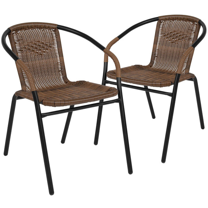 EMMA + OLIVER 2 Pack Medium Brown Rattan Indoor-Outdoor Restaurant Stack Chair