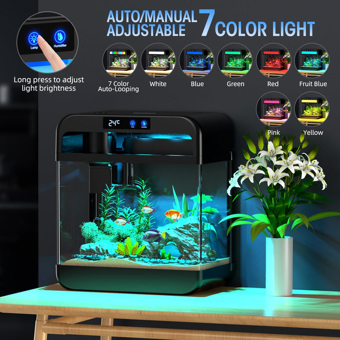 Fish Tank Aquarium 2.2 Gallon with Humidifier 7 Color Auto-Looping Light Self Cleaning 3 in 1 Pump with Filteration & Oxygenation & Circulation, Temperature Display, HD Float Glass, Thickened Base