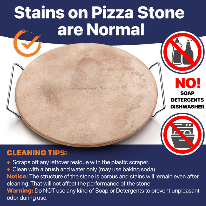 16" Pizza Stone for Oven & Grill with Handles - Natural Cordierite Baking Stone Set with SS Rack & Plastic Scraper (1500 °F Resistant, Round, Large)