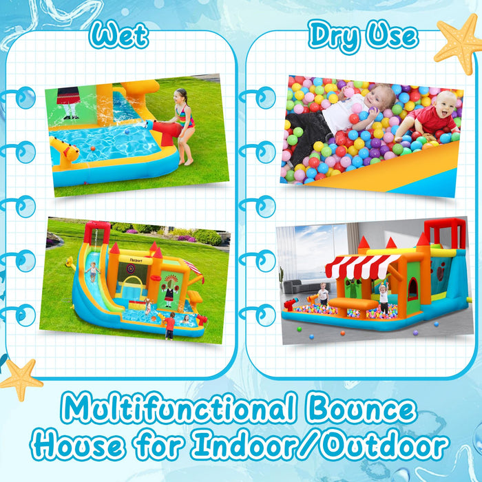 FBSPORT Inflatable Bounce House Water Slide, Bounce House for Kids with Toy Market Stand Splash Pool Bouncer Climbing Wall Water Gun Ball Dart, Bouncy Castle W/620W Blower for Outdoor Indoor, Red