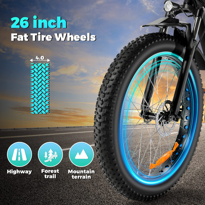 Speedrid Electric Bike 48V 500W Fat Tire Electric Bike Snow Bike 26" 4.0, 48V 10.4Ah Fast Charge Removable Battery, Lockable Suspension Fork and Professional 7 Speed