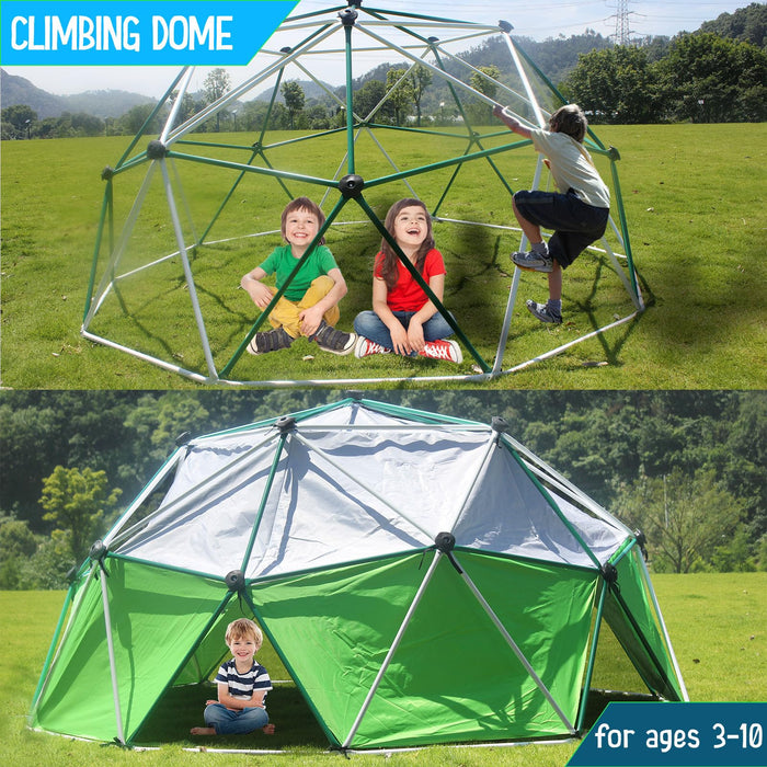 Gardenature Climbing Dome Monkey Bars for Backyard Outdoor Jungle Gym Toddlers Climbing Dome for Kids 8-12 Geometric Geodome Dome Climber with Tent Outdoor Play Equipment 10FT,Green-Withe