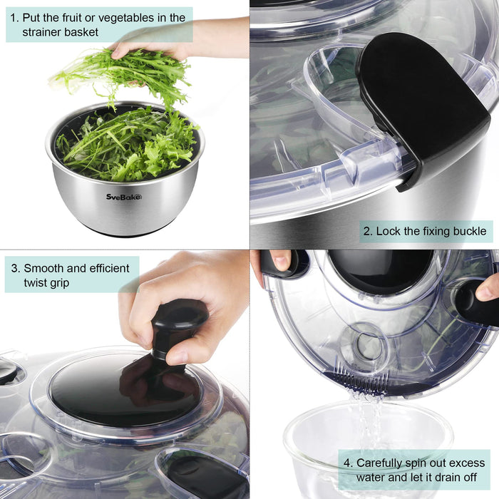 SveBake Salad Spinner Stainless Steel Large, Vegetable Washer with 4.2 Qts Bowl, Lettuce Cleaner and Dryer