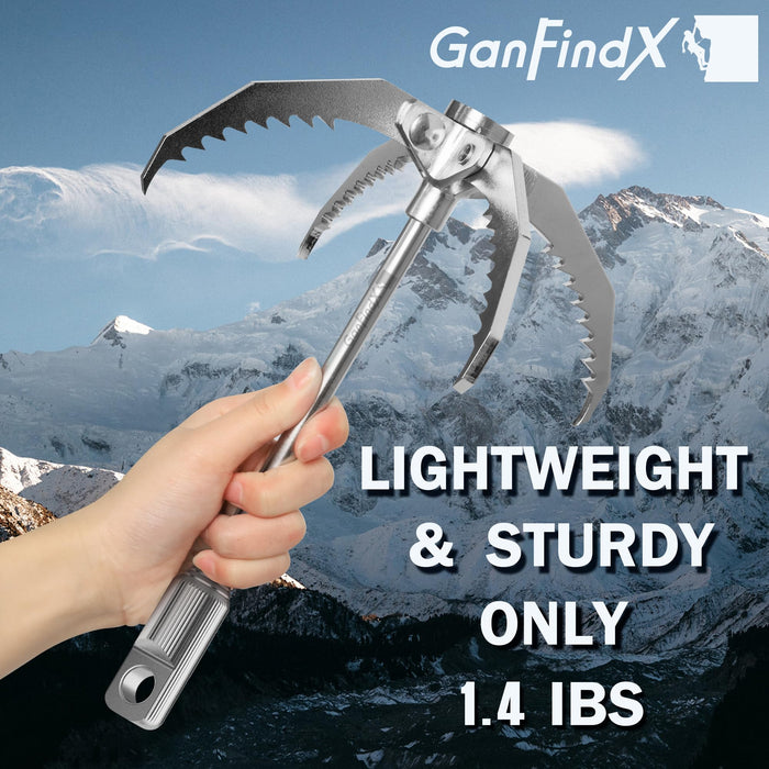 GanFindX PRO Grappling Hook W / 65 FT Rope, Heavy Duty | Folding 4-Claw Survival Claw, Multi-Purpose SUS Sawtooth Hook for Outdoor Camping Hiking Tree Rock Mountain Climbing (Aluminum-Rear Circle)