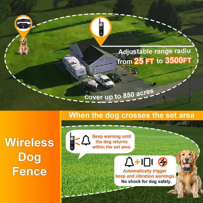 MIMOFPET Wireless Dog Fence System for 2 Dogs - Up to 3500ft Adjustable Electric Fence for Dogs,Waterproof Dog Training Collar Rechargeable,Pet Containment System for Large Medium Dogs