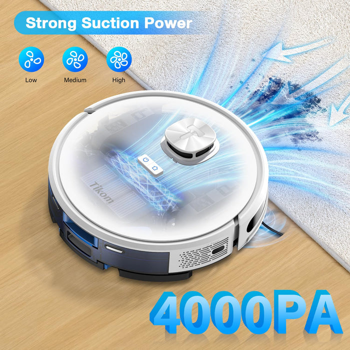 Tikom Robot Vacuum and Mop Combo, LiDAR Navigation, L9000 Robotic Vacuum Cleaner, 4000Pa Suction, 150Mins Max, Smart Mapping, 14 No-go Zones, Good for Pet Hair, Carpet, Hard Floor, White