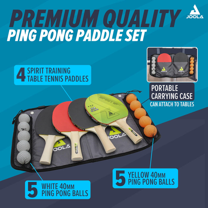 JOOLA Family Premium Table Tennis Bundle Set - 4 Regulation Ping Pong Paddles, 10 Training 40mm Ping Pong Balls, and Carrying Case - For Training and Recreational Play - Indoor and Outdoor Compatible