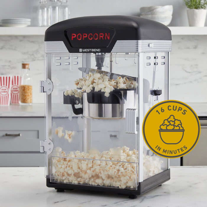 West Bend Stir Crazy Movie Theater Popcorn Popper, Gourmet Popcorn Maker Machine with Nonstick Popcorn Kettle and Popcorn Scoop for Popcorn Machine, 4 Qt., Black