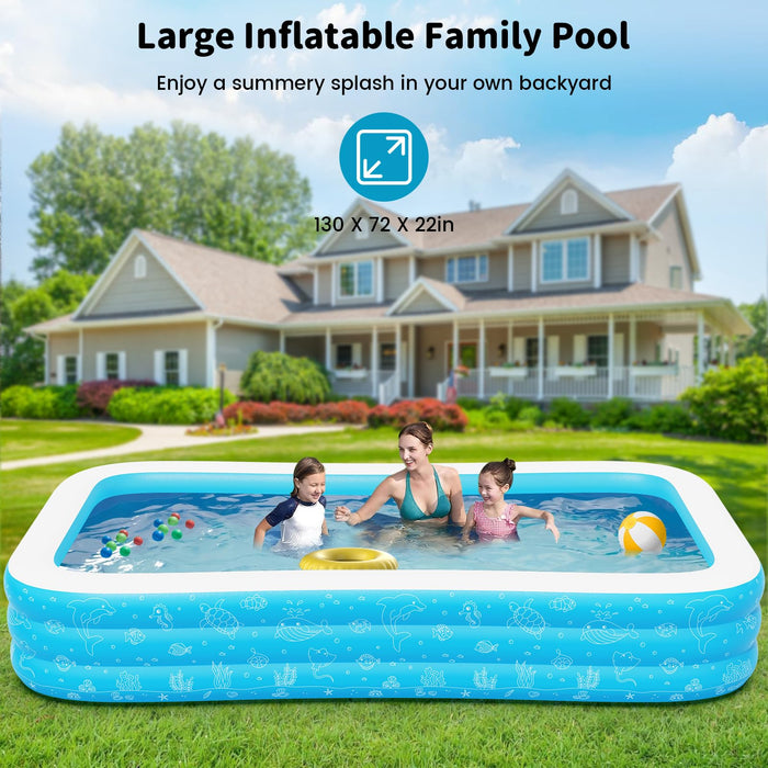 azamine Extra Large Inflatable Pool with Pump - 130"x 72" x 22" Blow Up Pool Thickened Large Size for Adults, Family Swimming Pool for Backyard, Garden, Summer Water Party