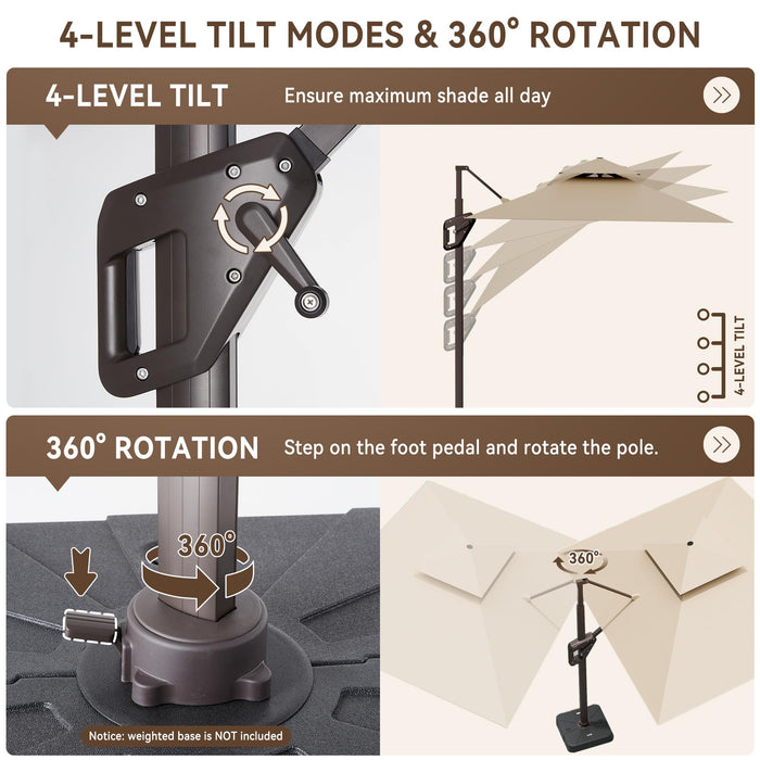 MEVBC 10 X 13 FT Cantilever Outdoor Patio Umbrella Rectangular Umbrellas with Led Lights Large Heavy Duty 360° Rotation Double Top Offset Umbrella for Outside Deck Backyard Garden Pool, Beige