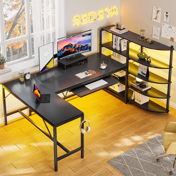 SEDETA L Shaped Gaming Desk, 65'' Corner Gaming Desk, Computer Desk with Storage Shelves, Keyboard Tray, Monitor Stand and Headphone Hook, LED Lights, Black