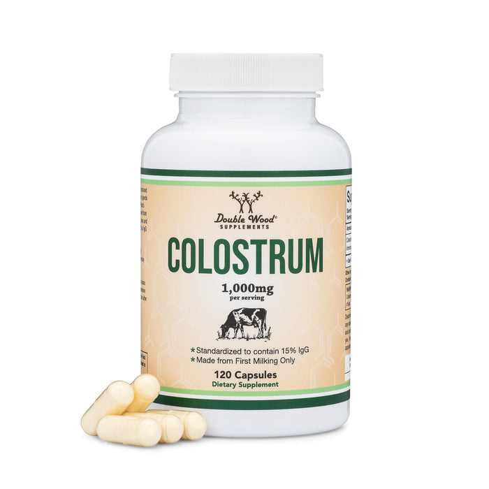 Colostrum Supplement 120 Capsules, 1,000mg per Serving (Bovine Colostrum Powder from First Milking Only, Std. to Contain 15% IgG Immunoglobulins) No Fillers, Third Party Tested by Double Wood