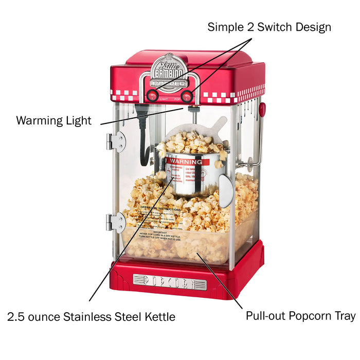 Little Bambino Popcorn Machine - Old-Fashioned Countertop Popper with 2.5-Ounce Kettle, Measuring Cups and Scoop by Great Northern Popcorn (Red)