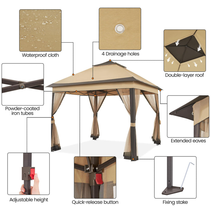 Yaheetech 11x11 Pop Up Gazebo Outdoor Canopy Shelter, Instant Patio Gazebo Sun Shade Canopy Tent with 4 Sandbags, Double Tiers & Mesh Netting for Lawn, Garden, Backyard & Deck, Khaki