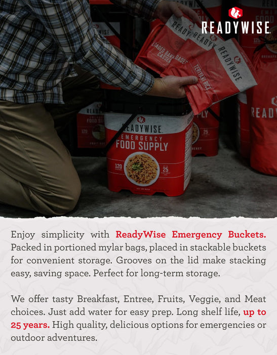 READYWISE 84-Serving Breakfast & Entrée Emergency Food Bucket, Premade Freeze Dried Meals for Camping, Hiking, 25 Year Shelf Life