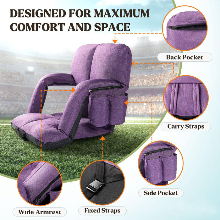 Wide Stadium Seats with Back Support, Bleacher Chairs with Comfy Cushion, 6 Reclining Positions Stadium Chair, Stadium Seat Bleacher Chairs with Armrests for Sport Events, Camping, Beaches(Purple)