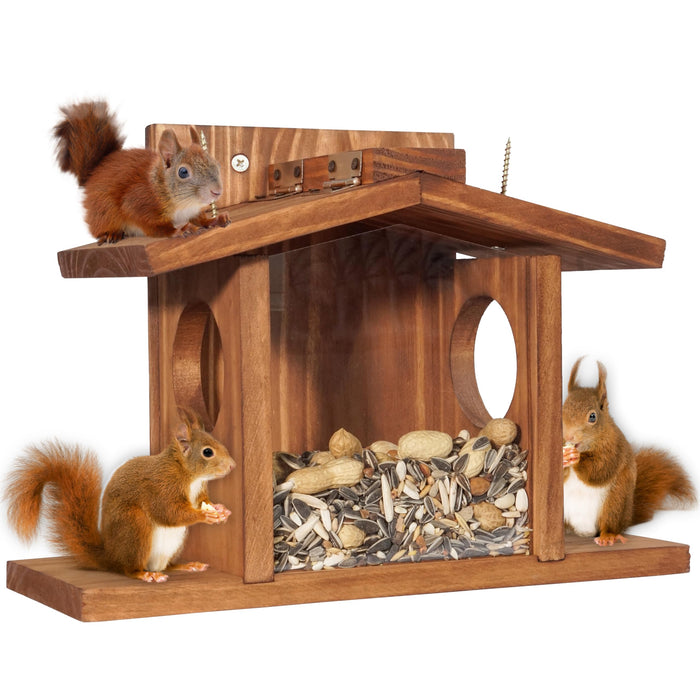 MIXUMON Wood Squirrel Feeder, Squirrel Feeders for Outside Winter, Wooden Chipmunk Feeder for Corn, Peanuts, Durable Box Easy to Fill with Removable Front Panel (Style 2)